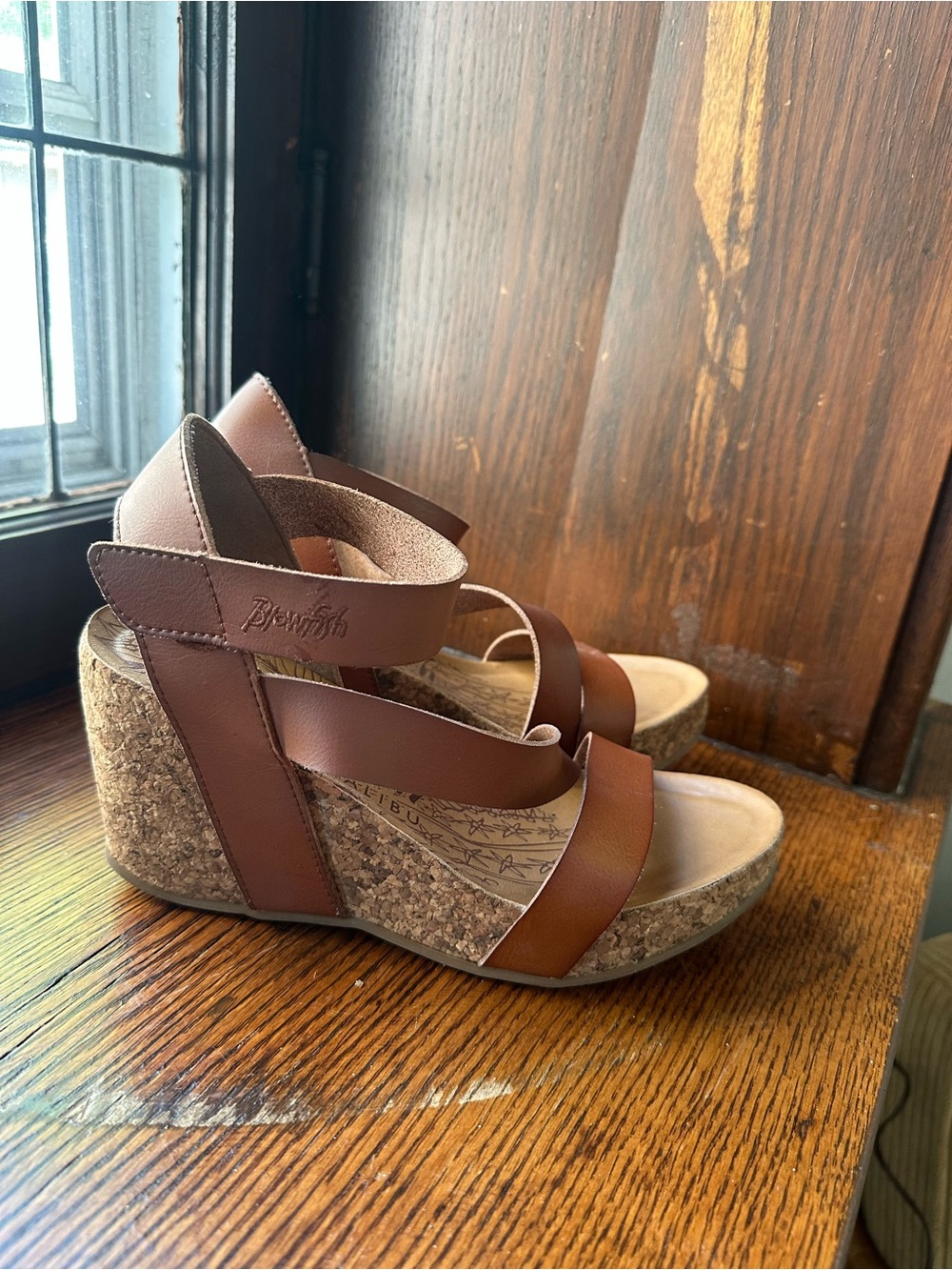 Blowfish Cognac Brown Cork Wedge Sandals
